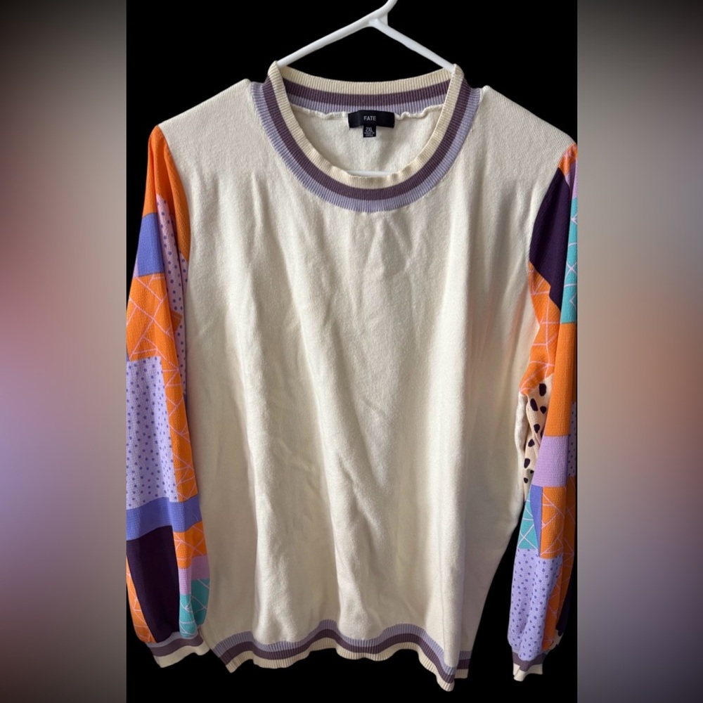 Fate Cream and Purple colorful vibrant funky patterned sleeved  Sweater size 2X
